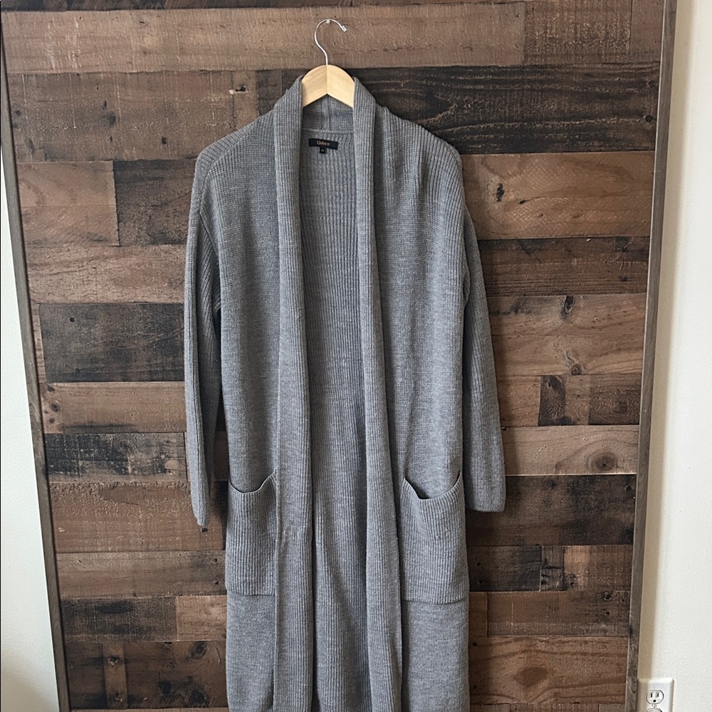 Quince Gray 💯 Merino Wool Long Open-Front Knit Cardigan Oversized XS